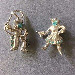 Silver Cowboy and Cowgirl Brooch Set with Blue Crystal Accents